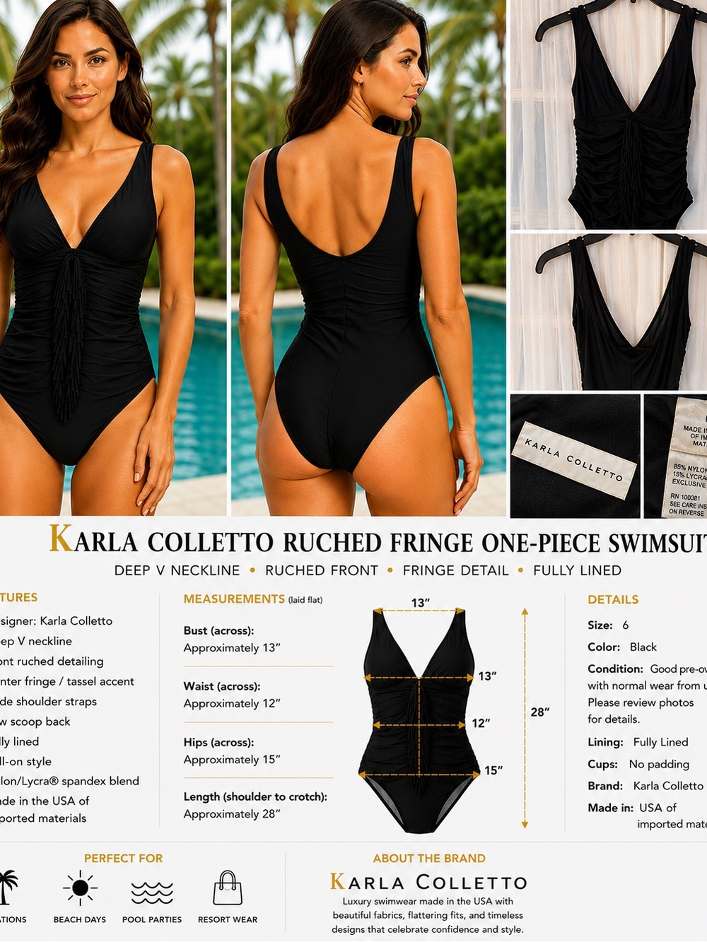 Karla Colletto Black Ruched Fringe One Piece Swimsuit Size 6 Deep V Designer